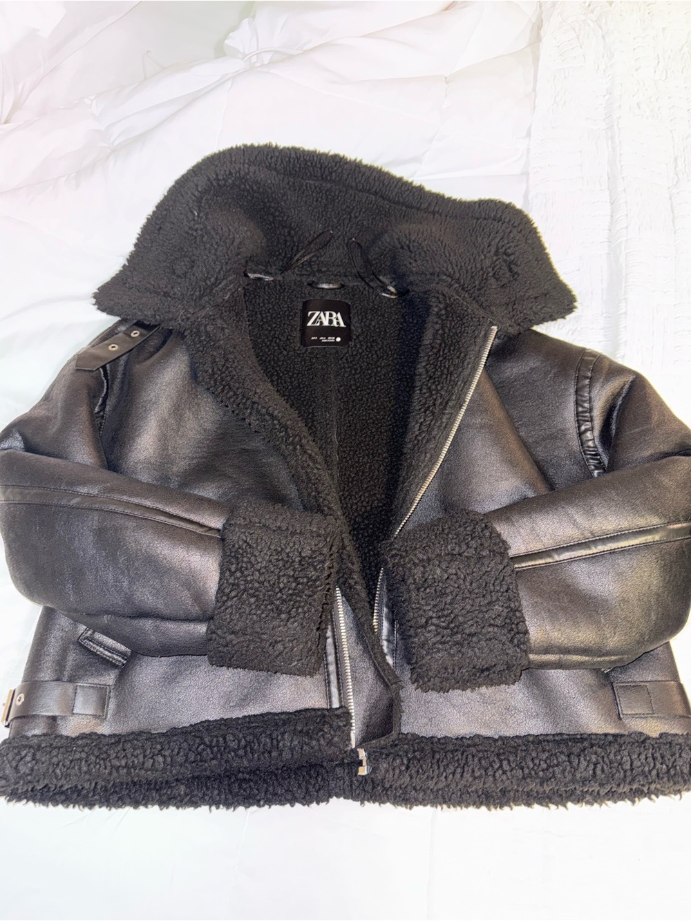 ZARA Black Faux Shearling Biker Jacket with Buckle